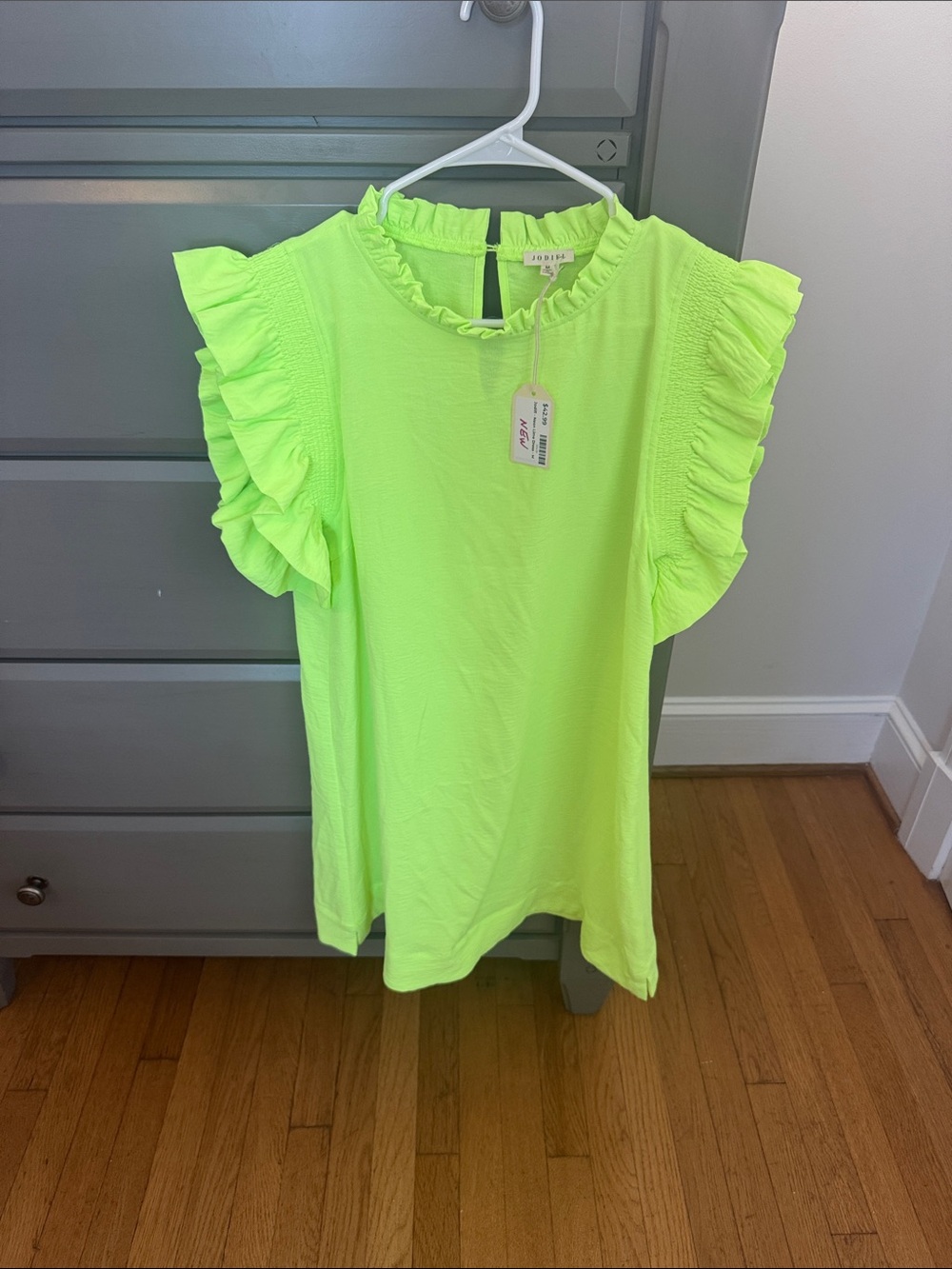 JODIFL Neon Lime Ruffle Neck Tee
